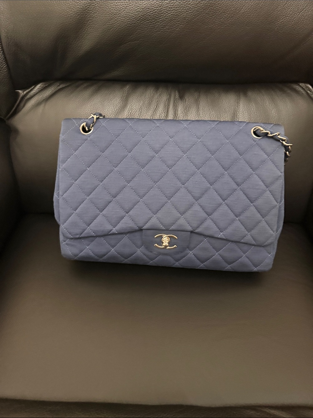 Chanel blue jersey single jumbo flap bag